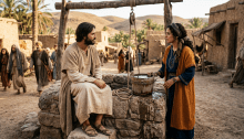 Man sitting on stone well talking to woman holding wooden bucket in historical village