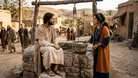 Man sitting on stone well talking to woman holding wooden bucket in historical village